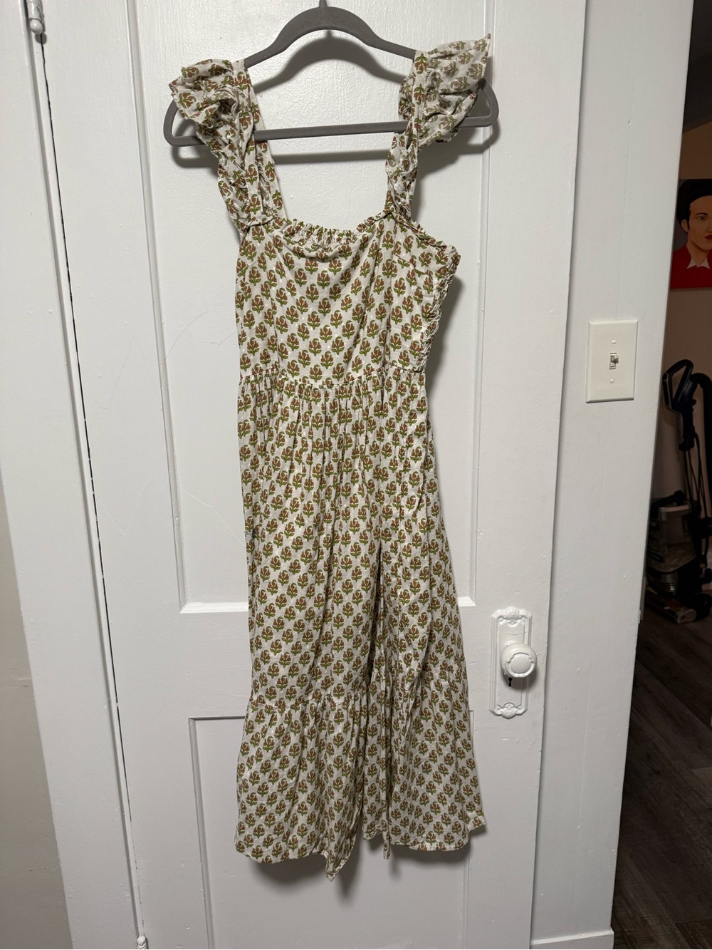 Smocked White Midi Dress with Olive Floral Print